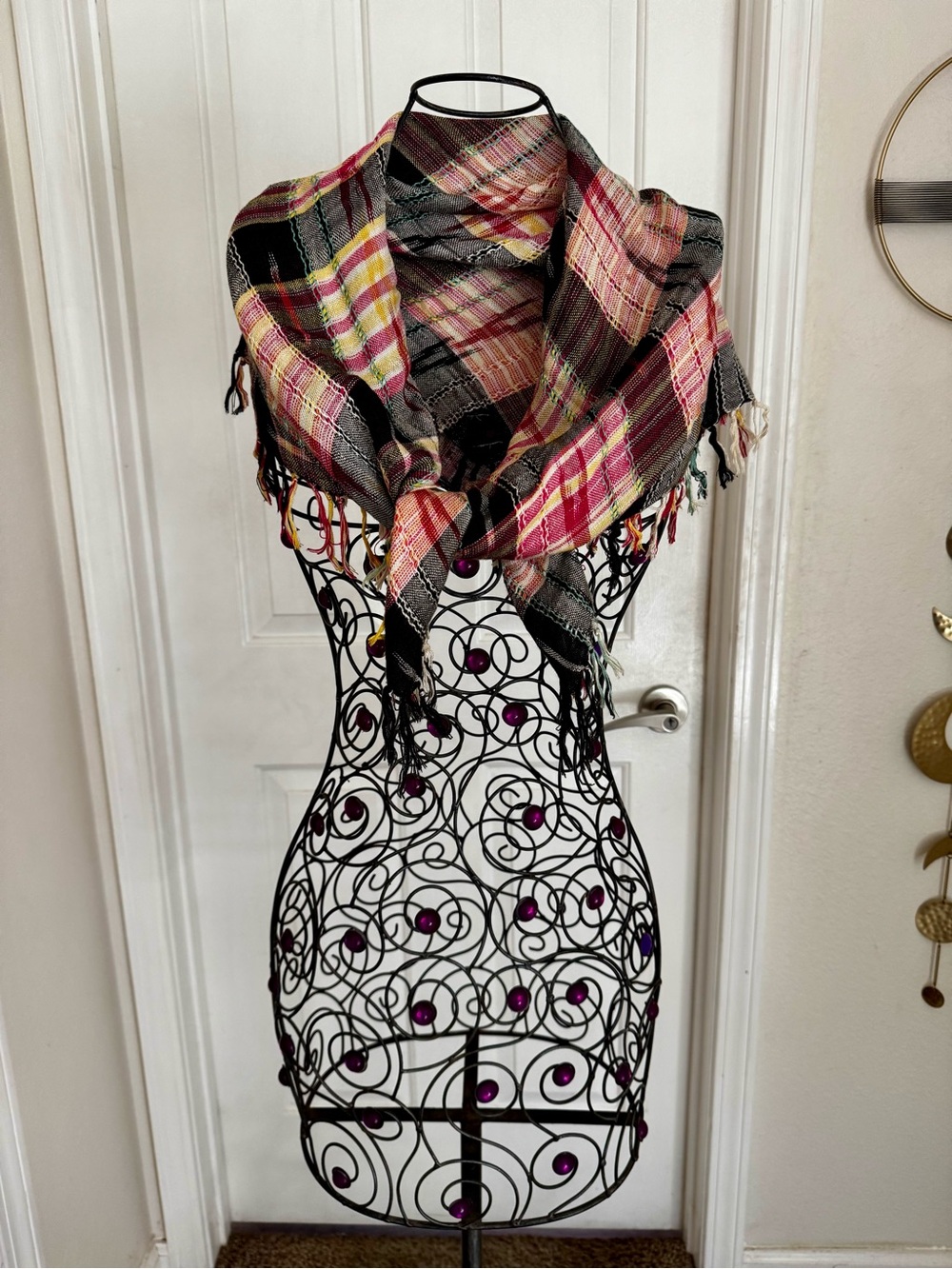 Handwoven Plaid Fringe Scarf in Black, Pink & Cream